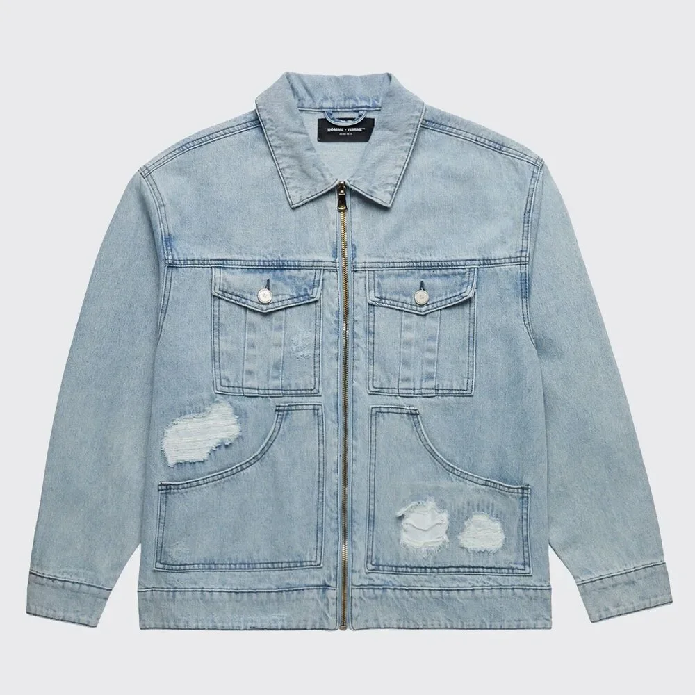 NWT Homme + Femme Light Wash distressed denim Work jacket Sz S Full zip